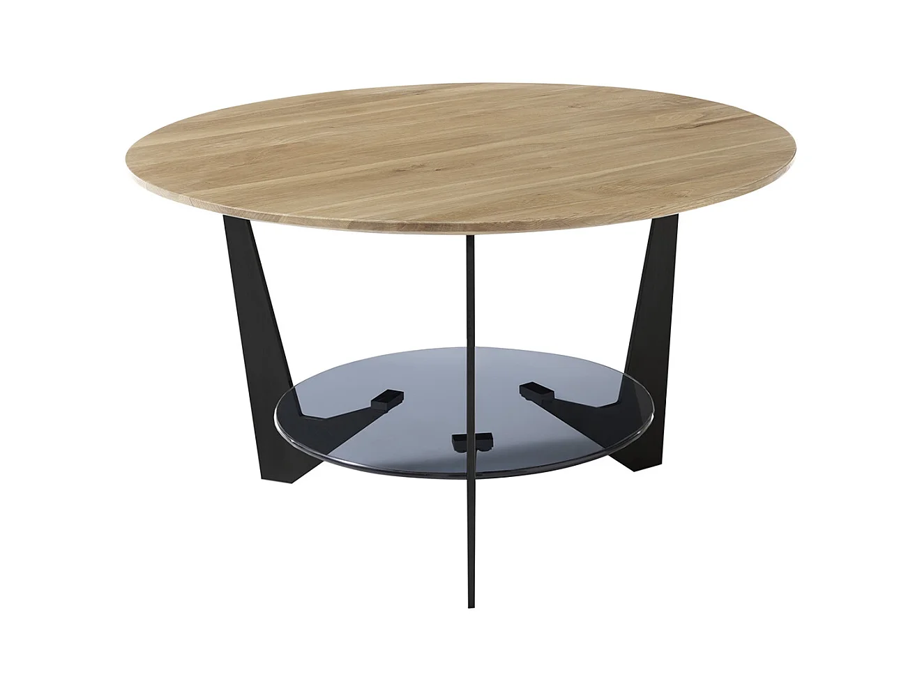 Table basse ronde en bois coloris chêne, verre et métal laqué coloris noir mat - diamètre 70 x profondeur 40 cm