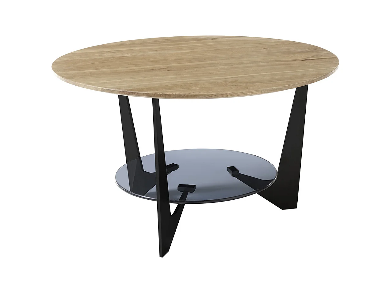 Table basse ronde en bois coloris chêne, verre et métal laqué coloris noir mat - diamètre 70 x profondeur 40 cm