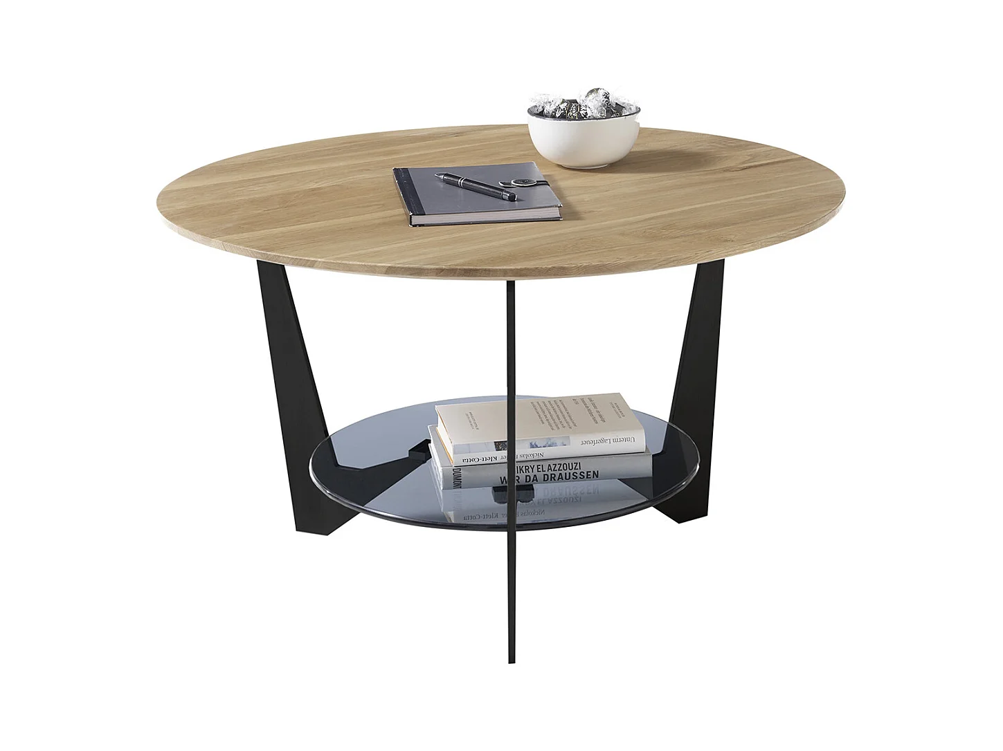 Table basse ronde en bois coloris chêne, verre et métal laqué coloris noir mat - diamètre 70 x profondeur 40 cm