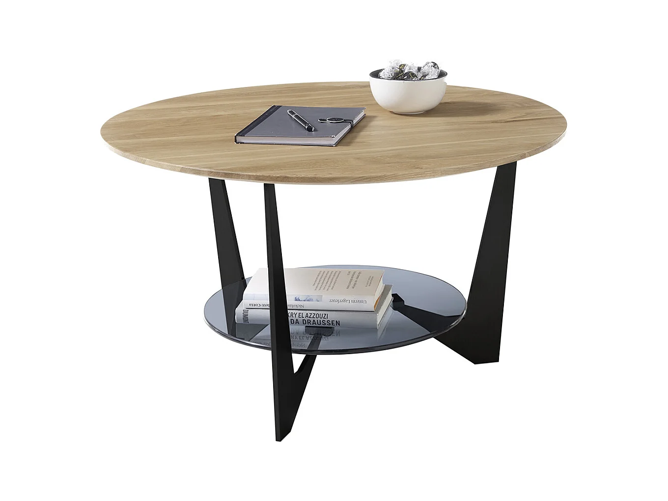 Table basse ronde en bois coloris chêne, verre et métal laqué coloris noir mat - diamètre 70 x profondeur 40 cm