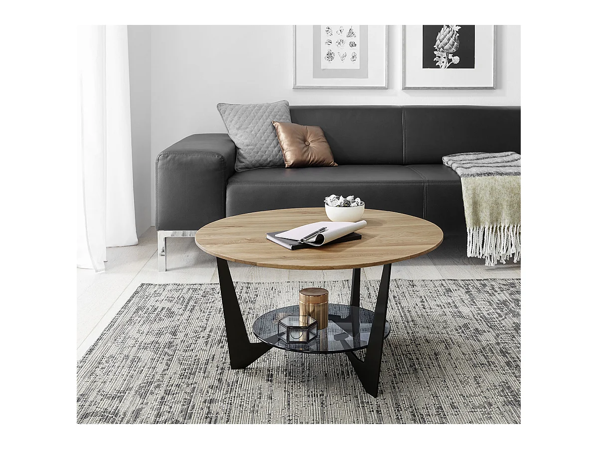 Table basse ronde en bois coloris chêne, verre et métal laqué coloris noir mat - diamètre 70 x profondeur 40 cm