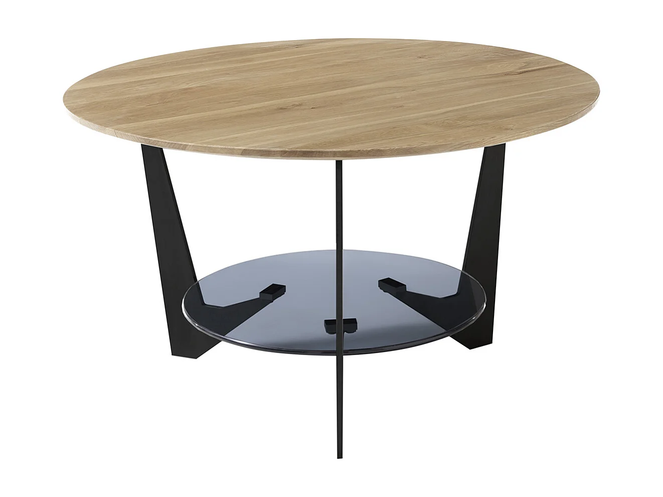 Table basse ronde en bois coloris chêne, verre et métal laqué coloris noir mat - diamètre 70 x profondeur 40 cm