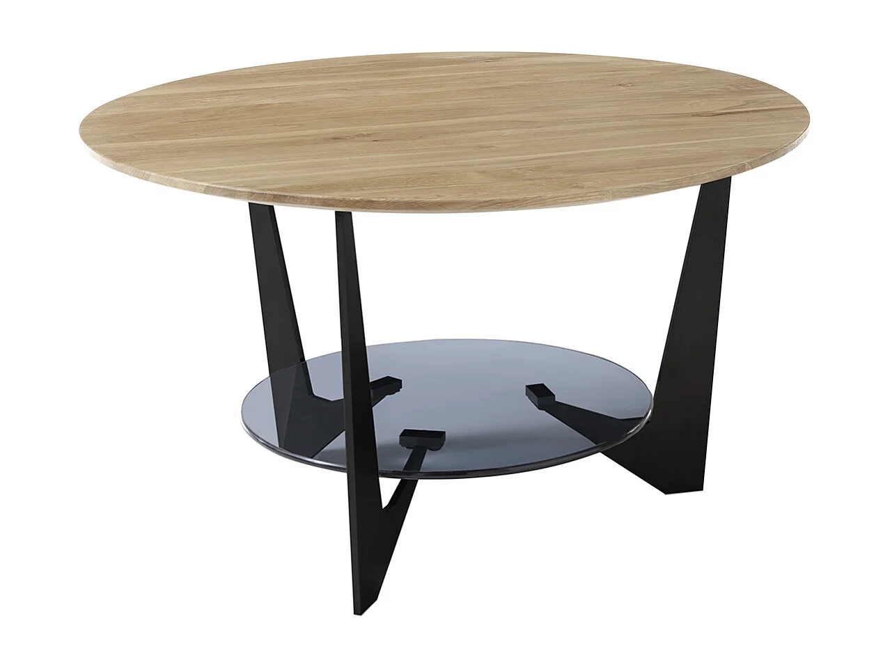 Table basse ronde en bois coloris chêne, verre et métal laqué coloris noir mat - diamètre 70 x profondeur 40 cm