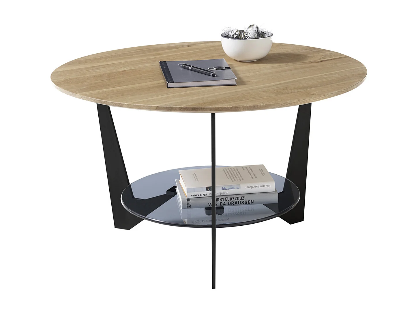 Table basse ronde en bois coloris chêne, verre et métal laqué coloris noir mat - diamètre 70 x profondeur 40 cm