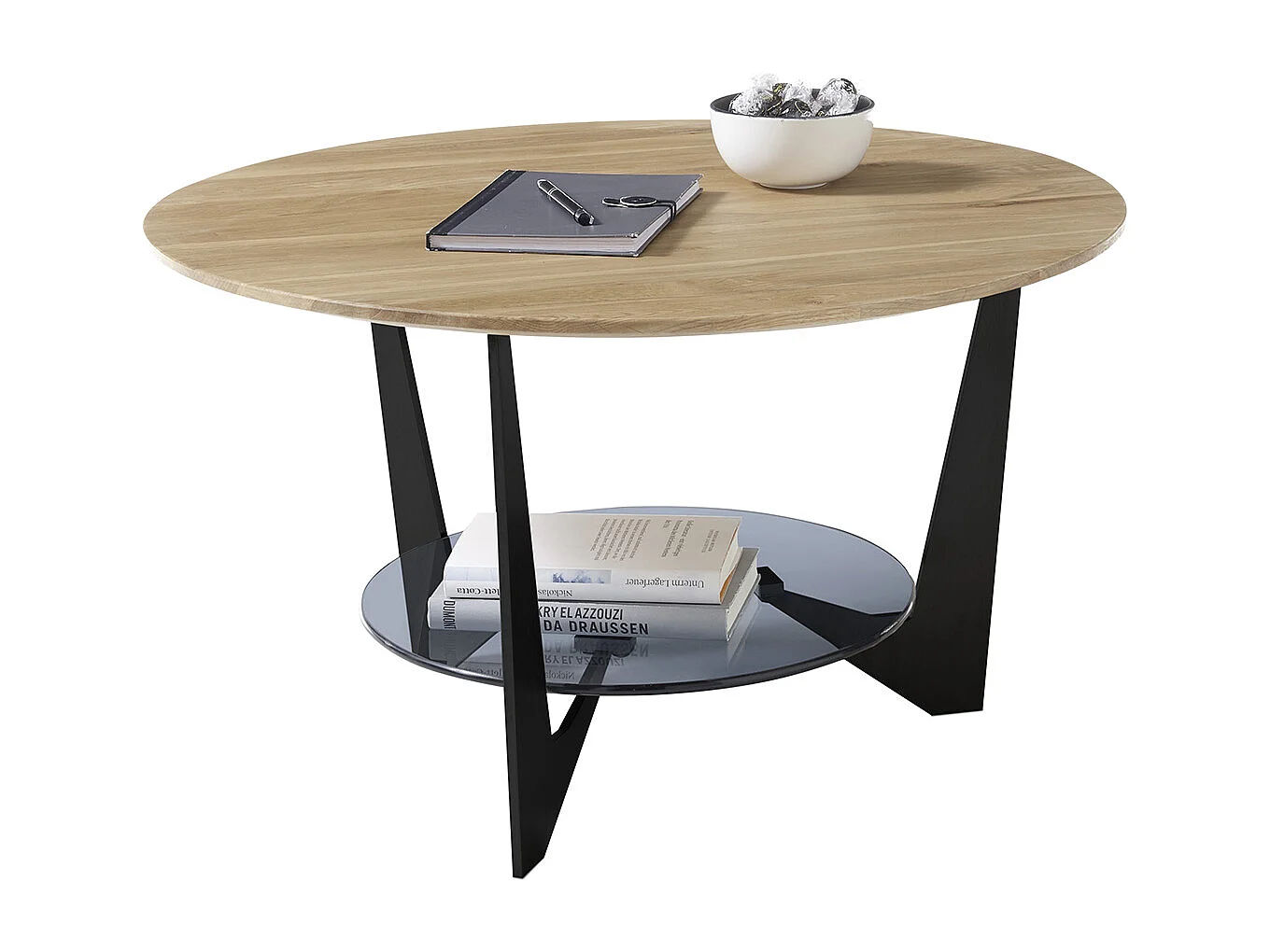 Table basse ronde en bois coloris chêne, verre et métal laqué coloris noir mat - diamètre 70 x profondeur 40 cm