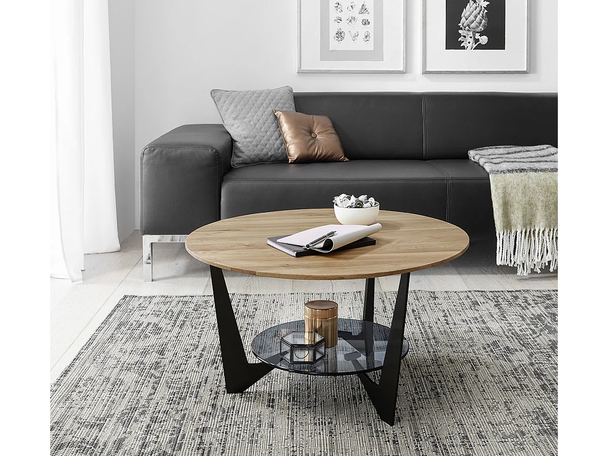 Table basse ronde en bois coloris chêne, verre et métal laqué coloris noir mat - diamètre 70 x profondeur 40 cm