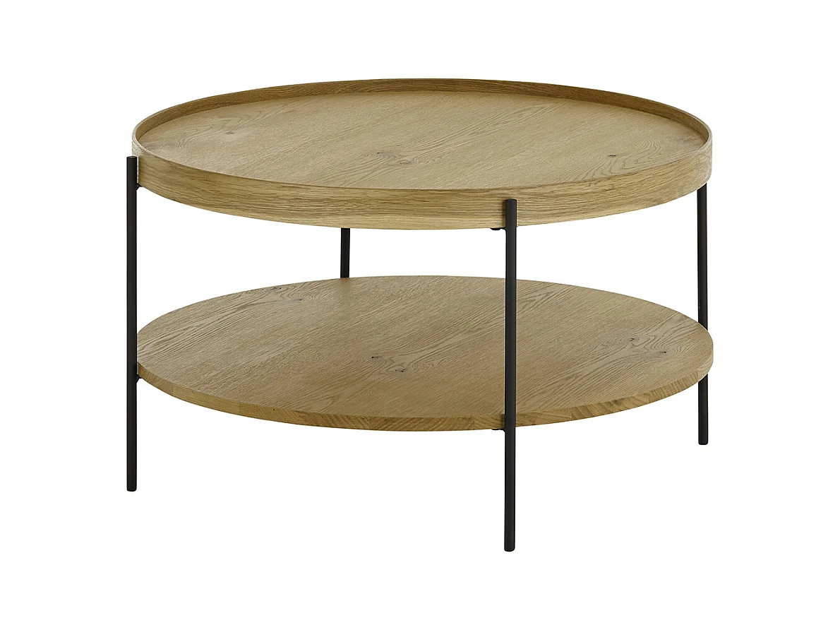 Table basse ronde en bois coloris chêne et métal coloris noir mat - diamètre 80 x profondeur 45 cm