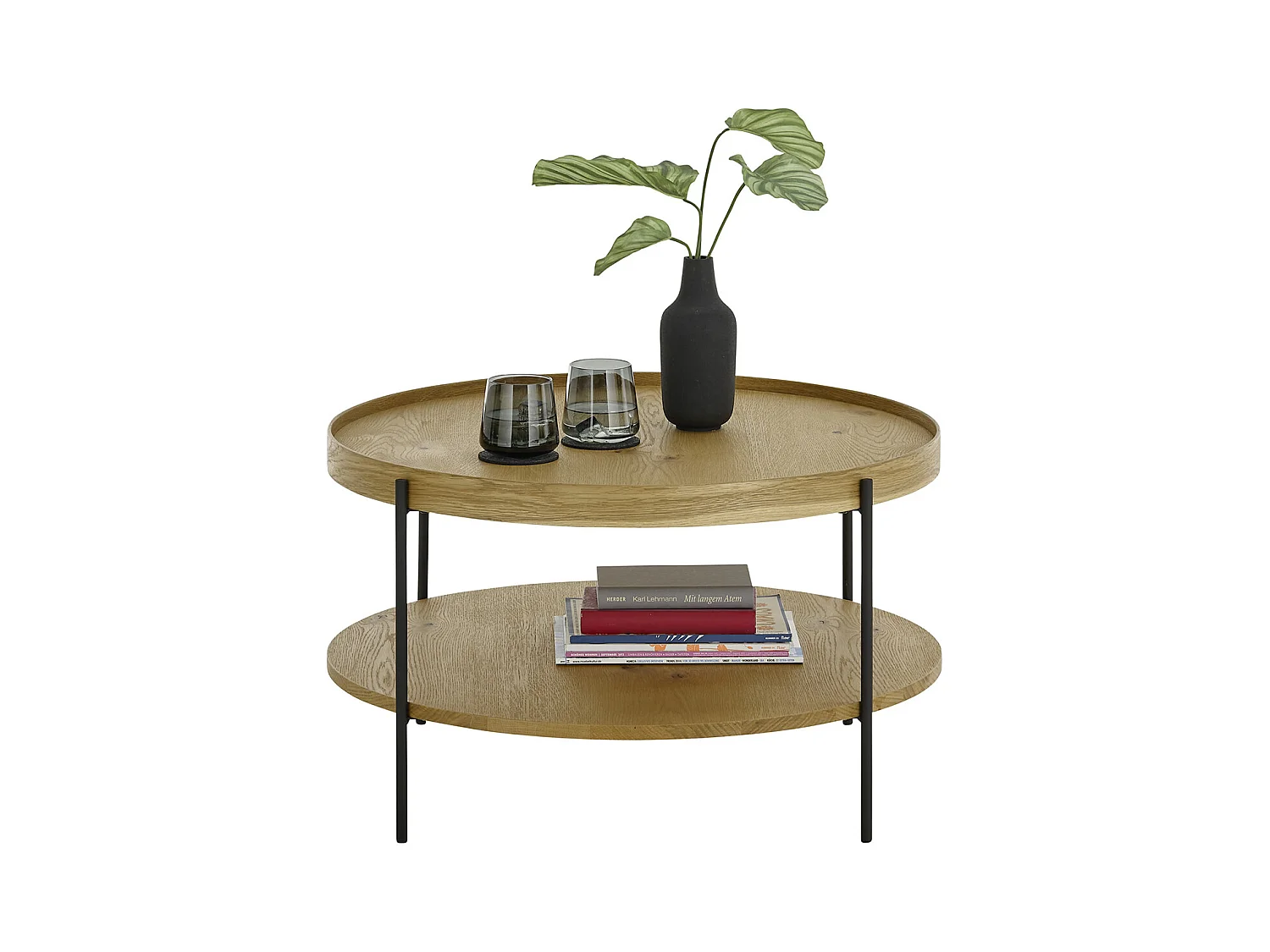 Table basse ronde en bois coloris chêne et métal coloris noir mat - diamètre 80 x profondeur 45 cm