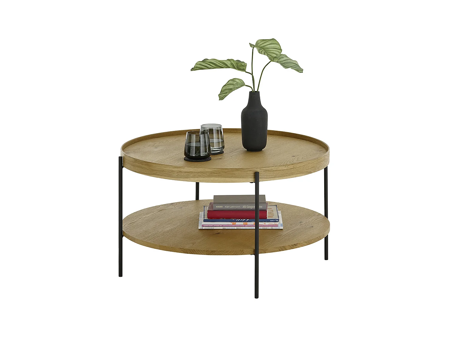 Table basse ronde en bois coloris chêne et métal coloris noir mat - diamètre 80 x profondeur 45 cm