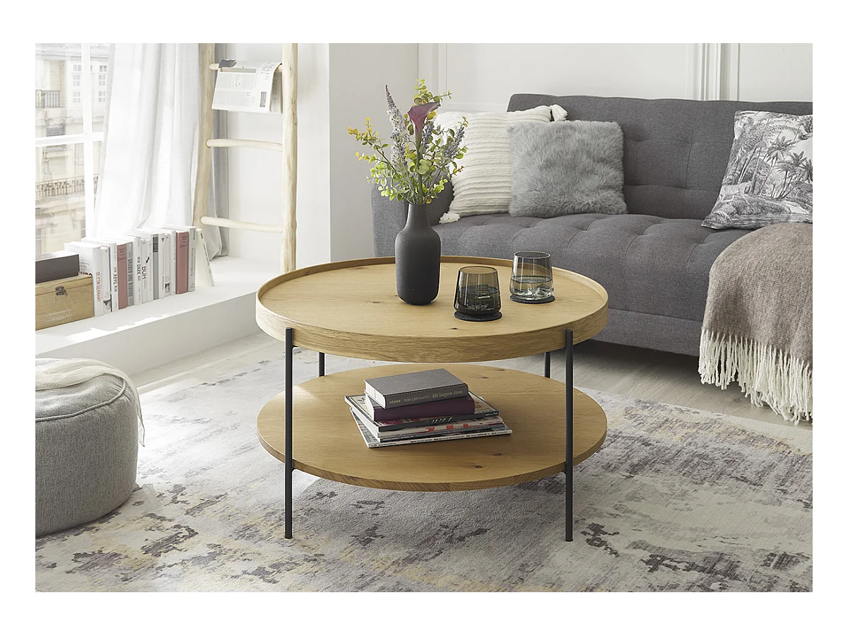 Table basse ronde en bois coloris chêne et métal coloris noir mat - diamètre 80 x profondeur 45 cm