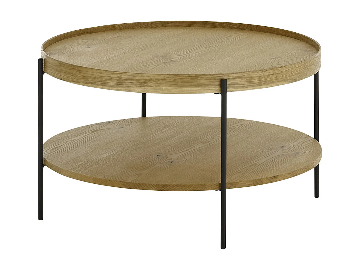 Table basse ronde en bois coloris chêne et métal coloris noir mat - diamètre 80 x profondeur 45 cm