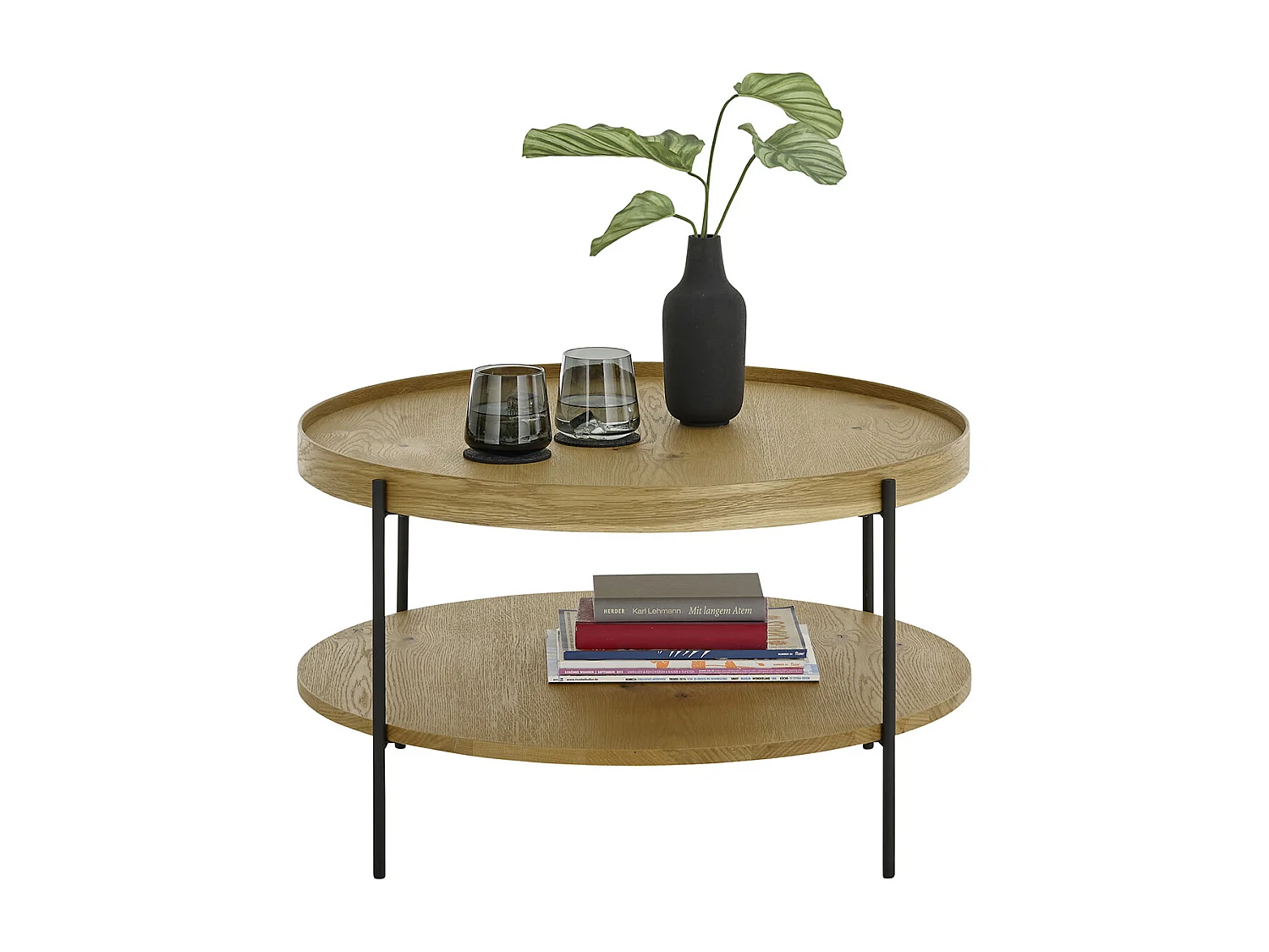 Table basse ronde en bois coloris chêne et métal coloris noir mat - diamètre 80 x profondeur 45 cm