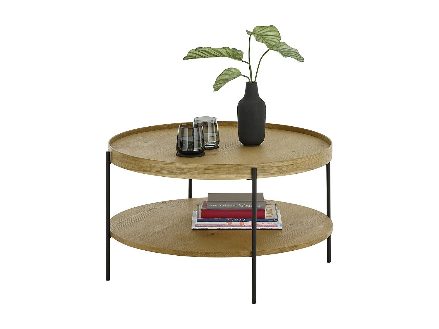 Table basse ronde en bois coloris chêne et métal coloris noir mat - diamètre 80 x profondeur 45 cm