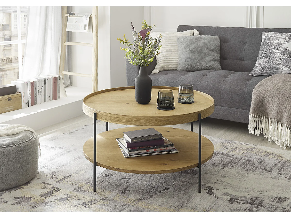 Table basse ronde en bois coloris chêne et métal coloris noir mat - diamètre 80 x profondeur 45 cm