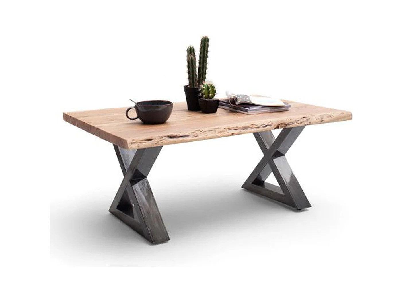 Table basse en bois d'acacia massif naturel / acier antique - L.110 x H.45 x P.70 cm