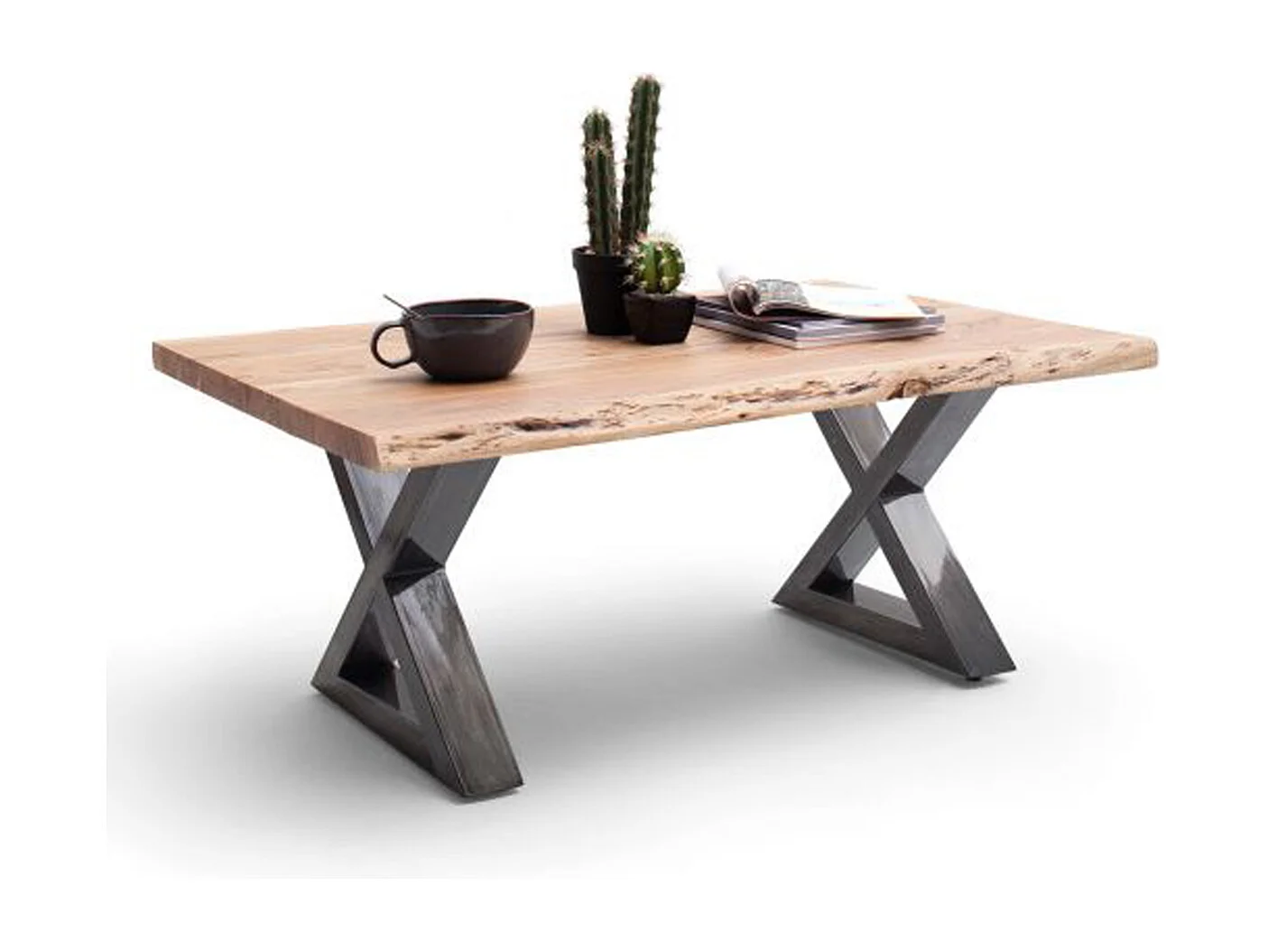 Table basse en bois d'acacia massif naturel / acier antique - L.110 x H.45 x P.70 cm