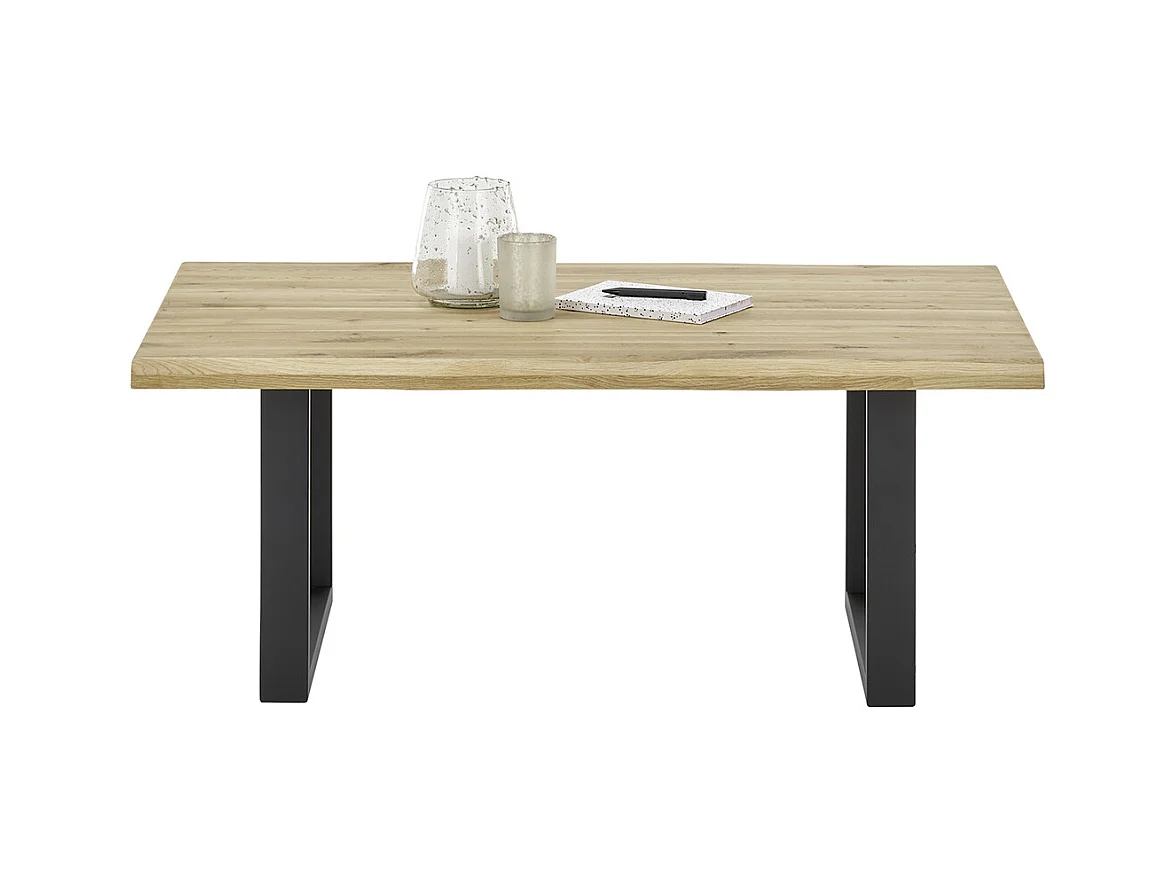 Table basse en bois coloris chêne massif, pieds en métal coloris noir - longueur 110 x hauteur 45 x profondeur 70 cm