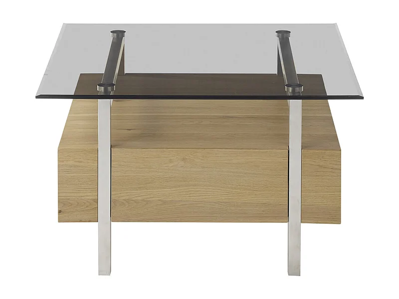 Table basse coloris chêne en verre / bois - Longueur 80 x hauteur 45 x profondeur 80 cm