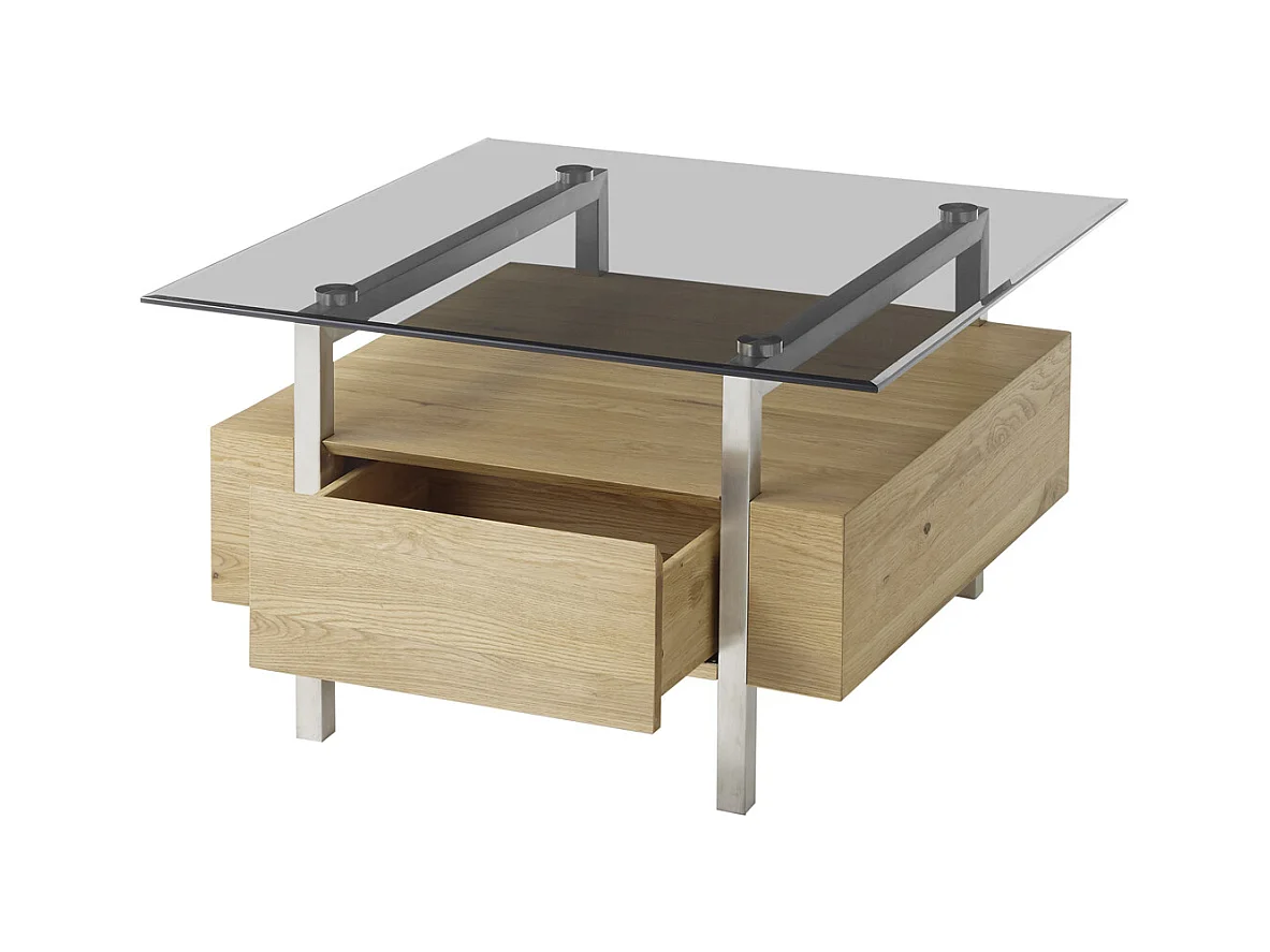 Table basse coloris chêne en verre / bois - Longueur 80 x hauteur 45 x profondeur 80 cm