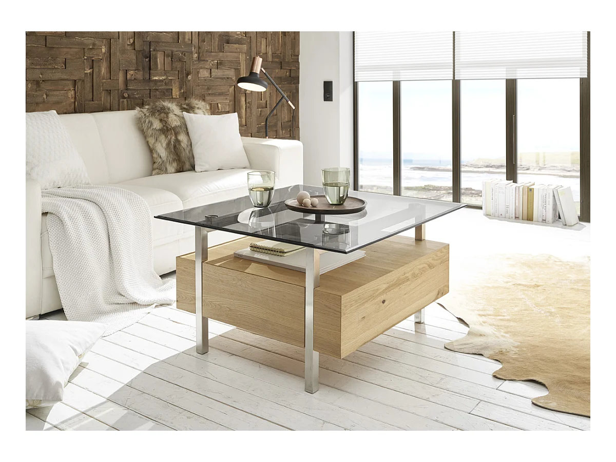 Table basse coloris chêne en verre / bois - Longueur 80 x hauteur 45 x profondeur 80 cm