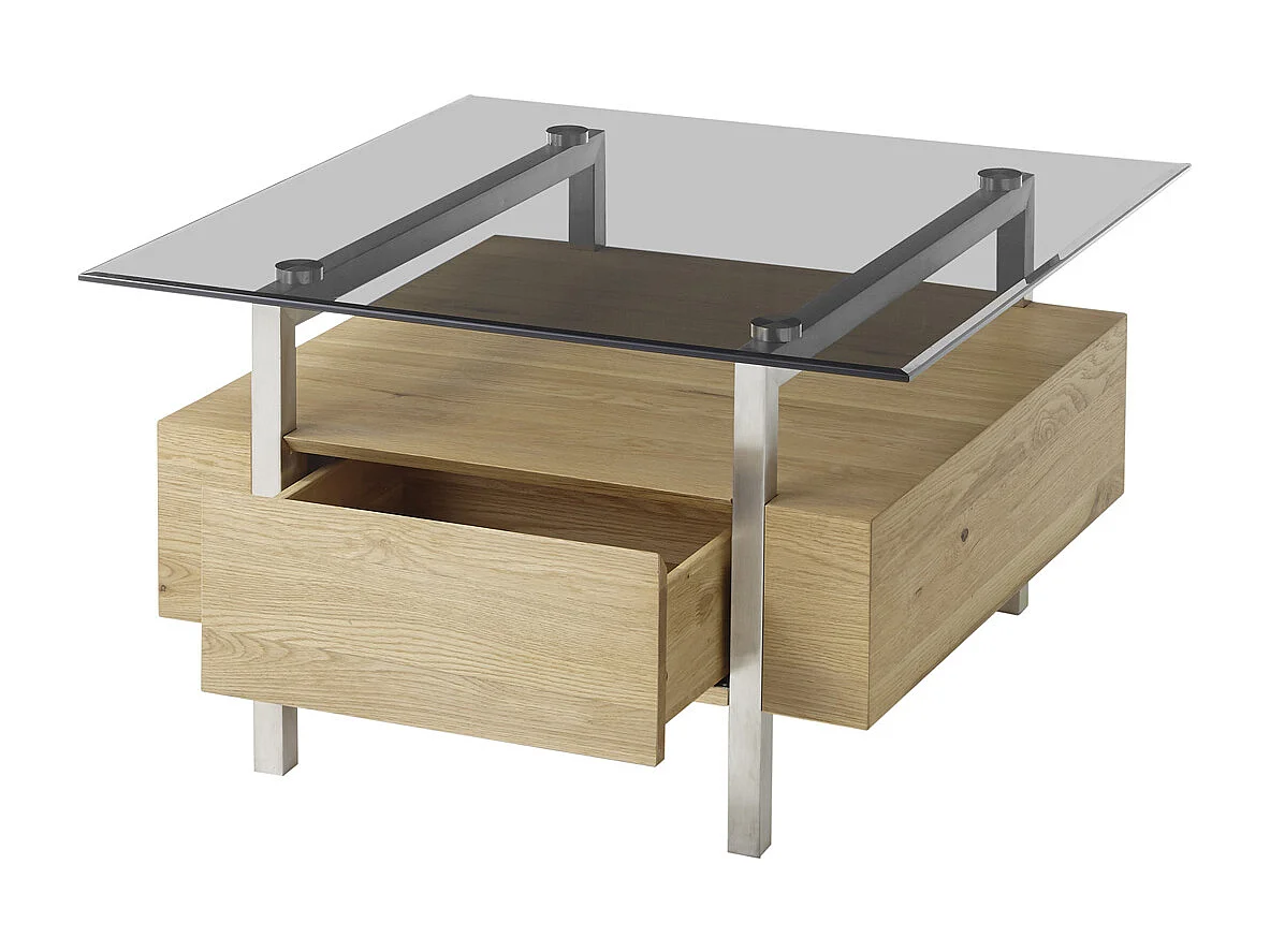 Table basse coloris chêne en verre / bois - Longueur 80 x hauteur 45 x profondeur 80 cm