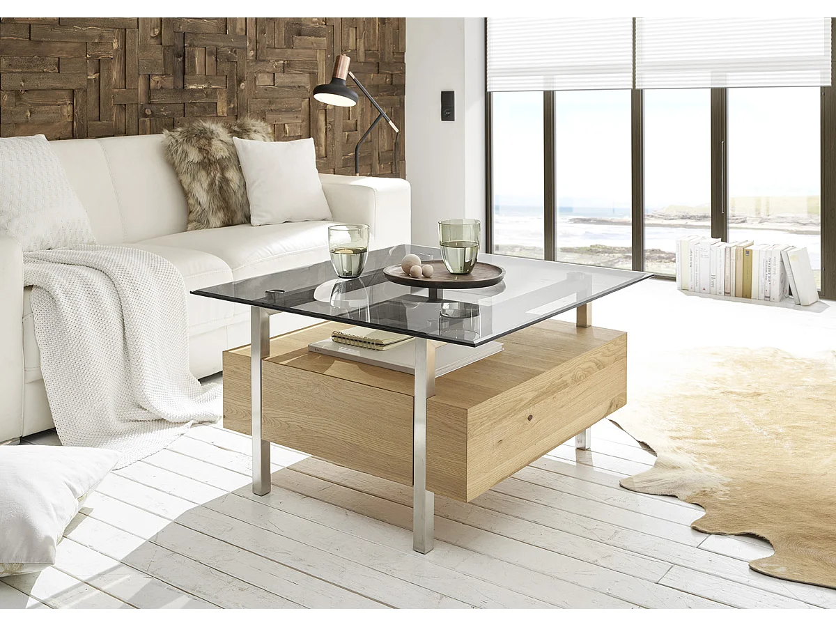 Table basse coloris chêne en verre / bois - Longueur 80 x hauteur 45 x profondeur 80 cm