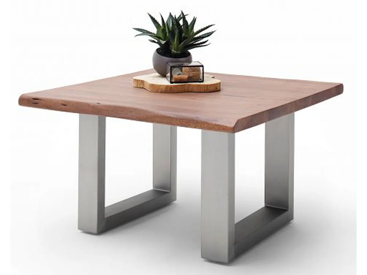 Table basse en bois d'acacia massif noyer et acier inoxydable - L.75 x H.45 x P.75 cm