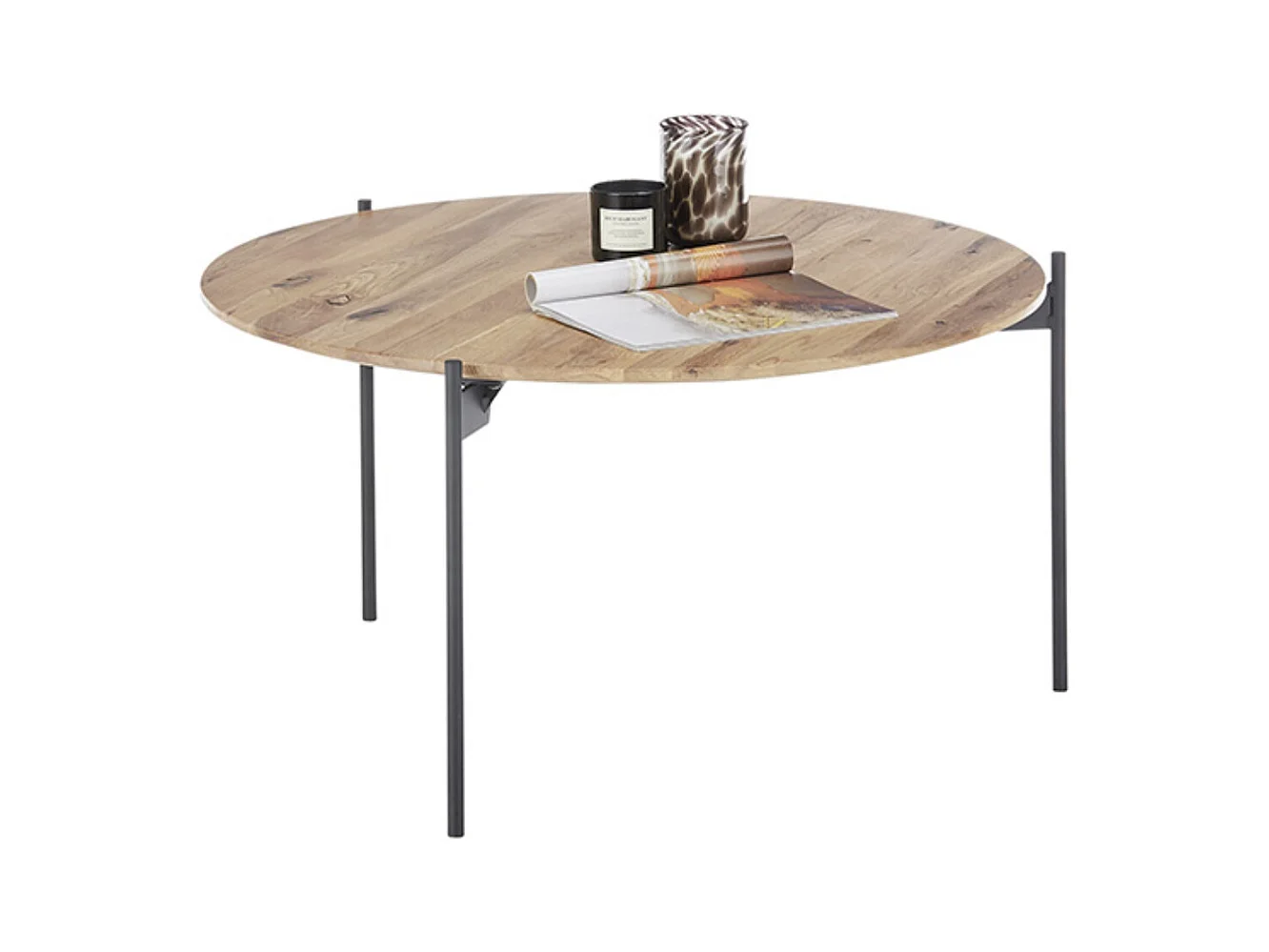 Table basse en bois coloris chêne massif, pieds en métal noir - Longueur 74 x Hauteur 38 x Profondeur 74 cm
