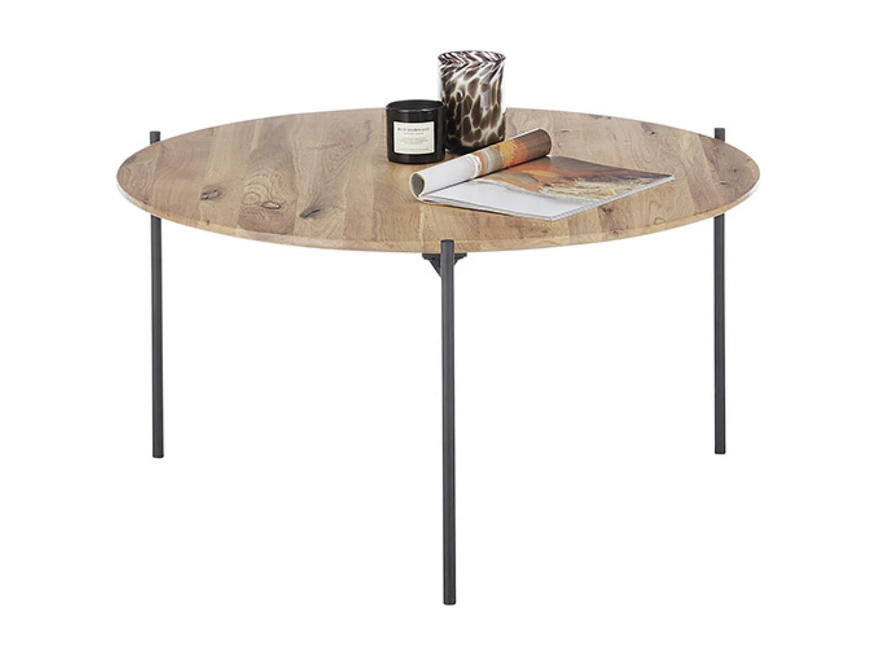 Table basse en bois coloris chêne massif, pieds en métal noir - Longueur 74 x Hauteur 38 x Profondeur 74 cm