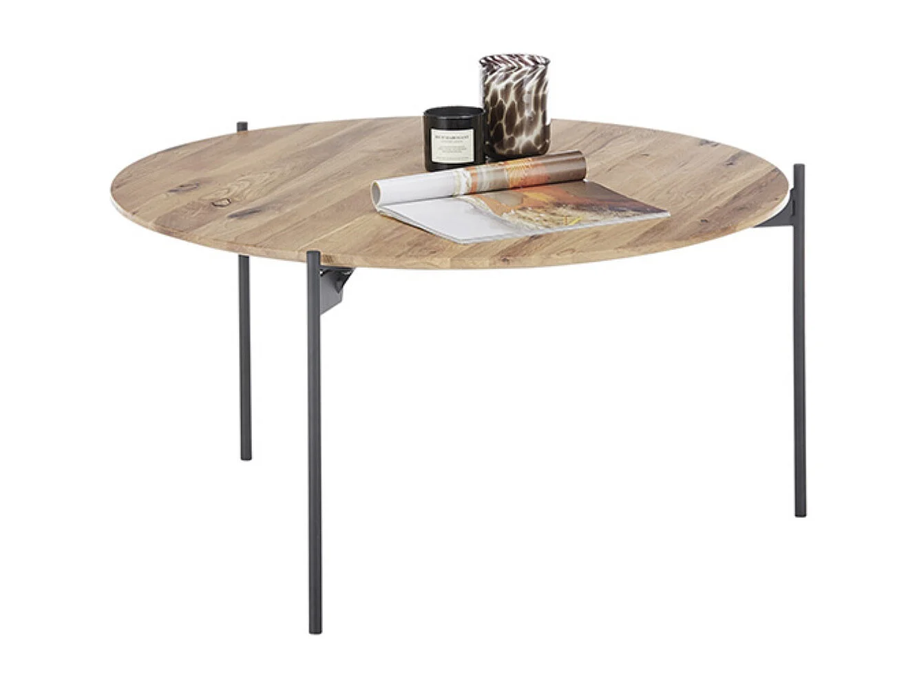 Table basse en bois coloris chêne massif, pieds en métal noir - Longueur 74 x Hauteur 38 x Profondeur 74 cm