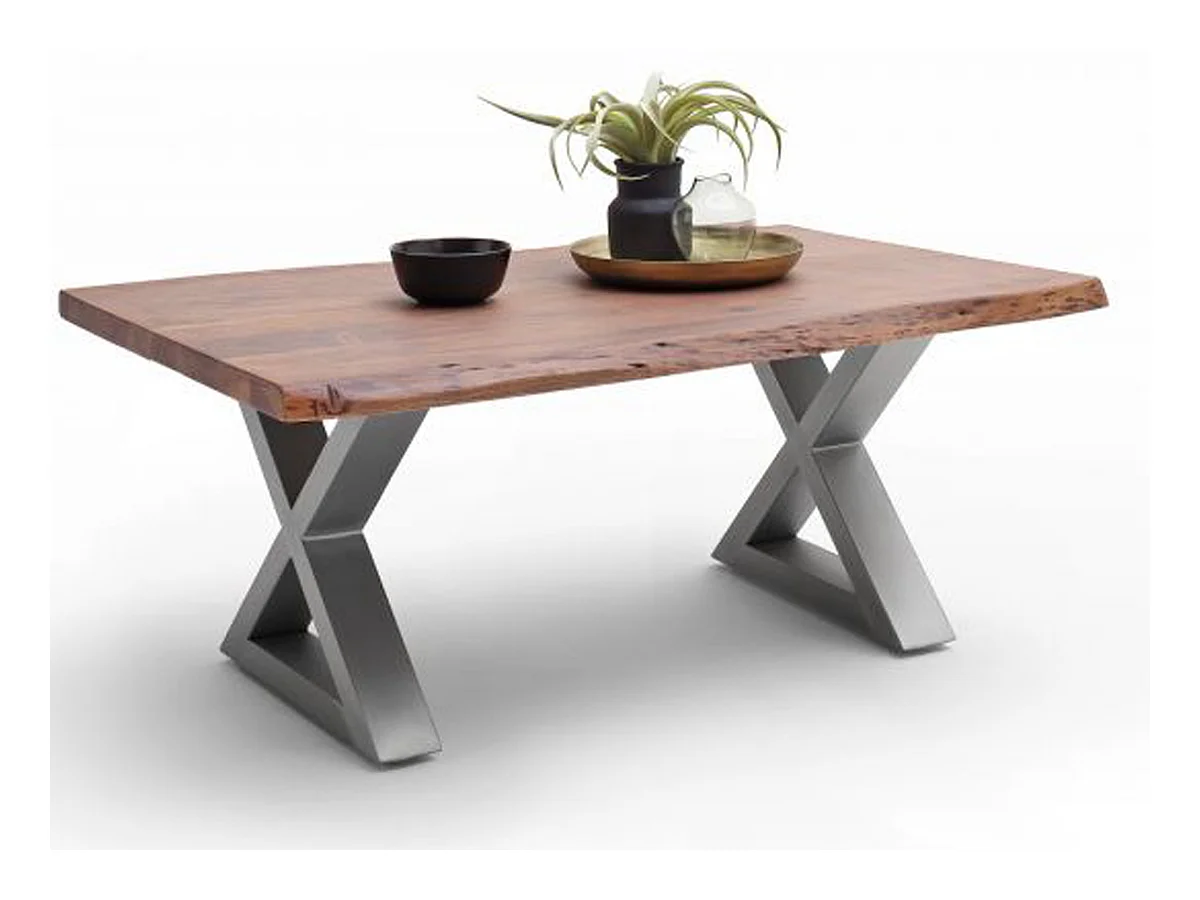 Table basse en bois d'acacia massif noyer / acier inoxydable - L.110 x H.45 x P.70 cm