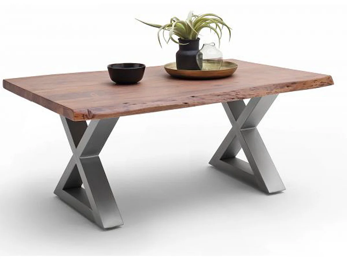 Table basse en bois d'acacia massif noyer / acier inoxydable - L.110 x H.45 x P.70 cm