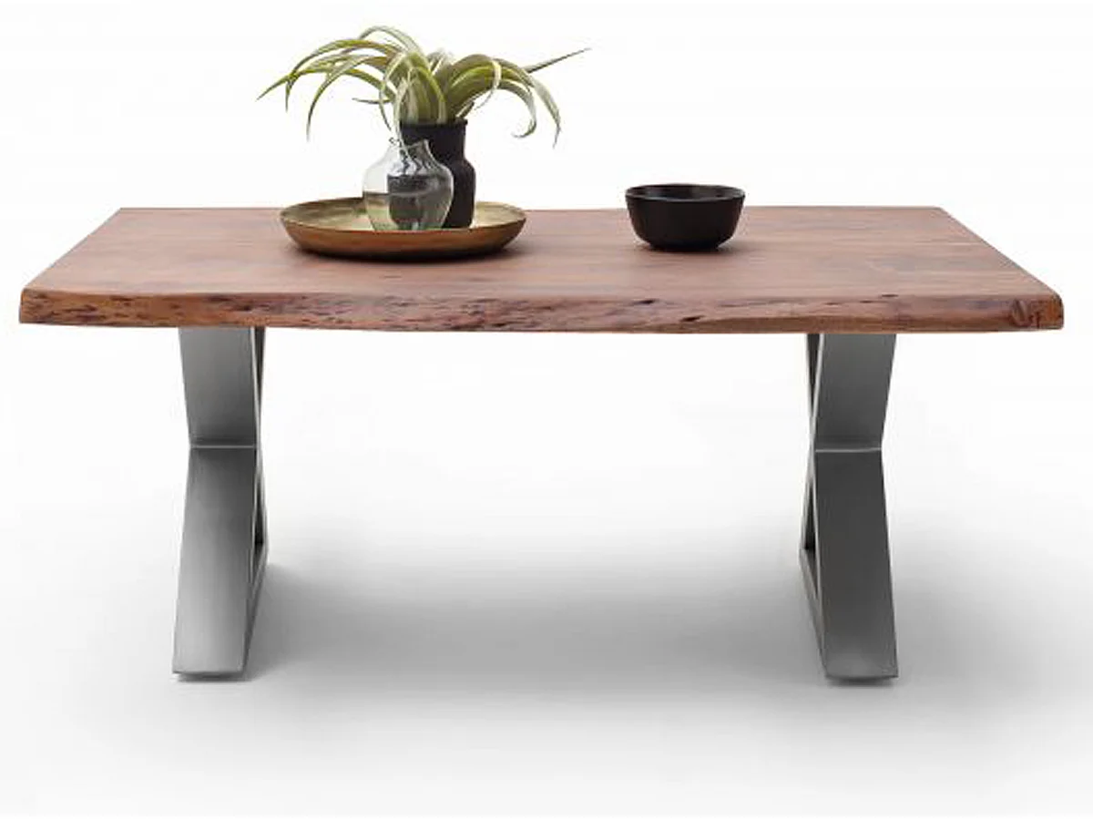 Table basse en bois d'acacia massif noyer / acier inoxydable - L.110 x H.45 x P.70 cm