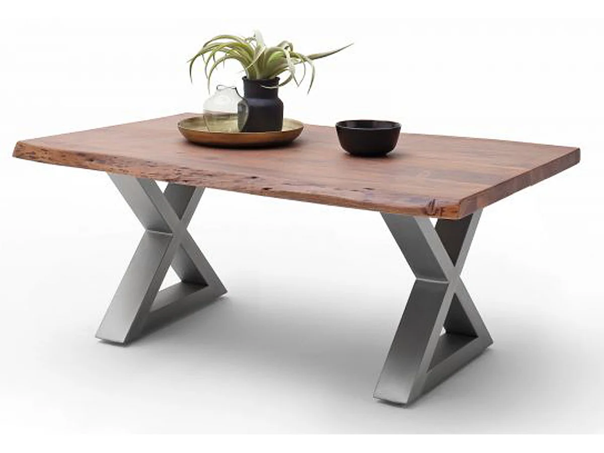 Table basse en bois d'acacia massif noyer / acier inoxydable - L.110 x H.45 x P.70 cm