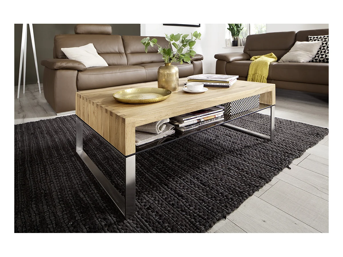 Table basse en chêne noueux avec pieds en acier brossé - L70 x H39 x P70 cm