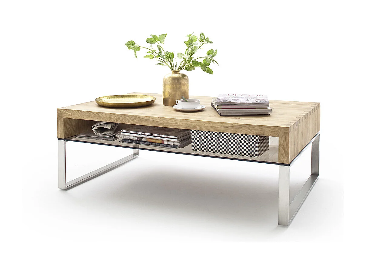 Table basse en chêne noueux avec pieds en acier brossé - L70 x H39 x P70 cm