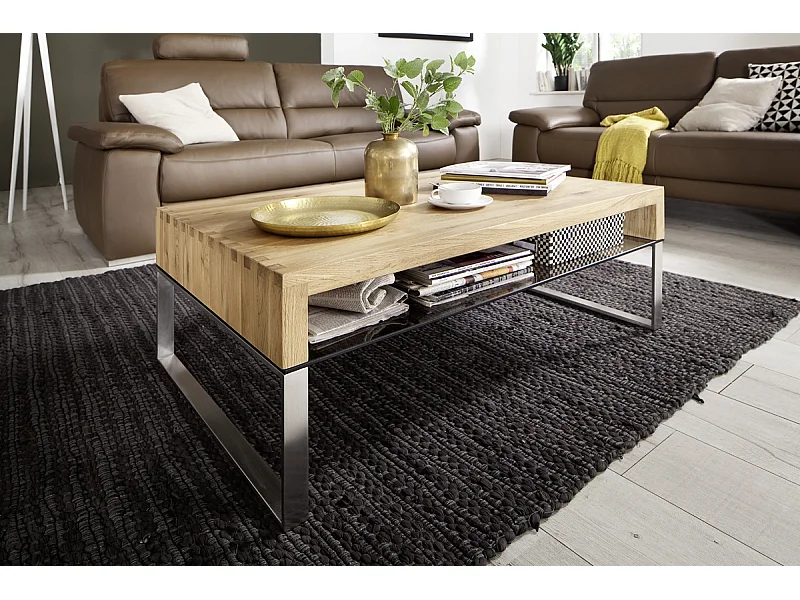 Table basse en chêne noueux avec pieds en acier brossé - L70 x H39 x P70 cm