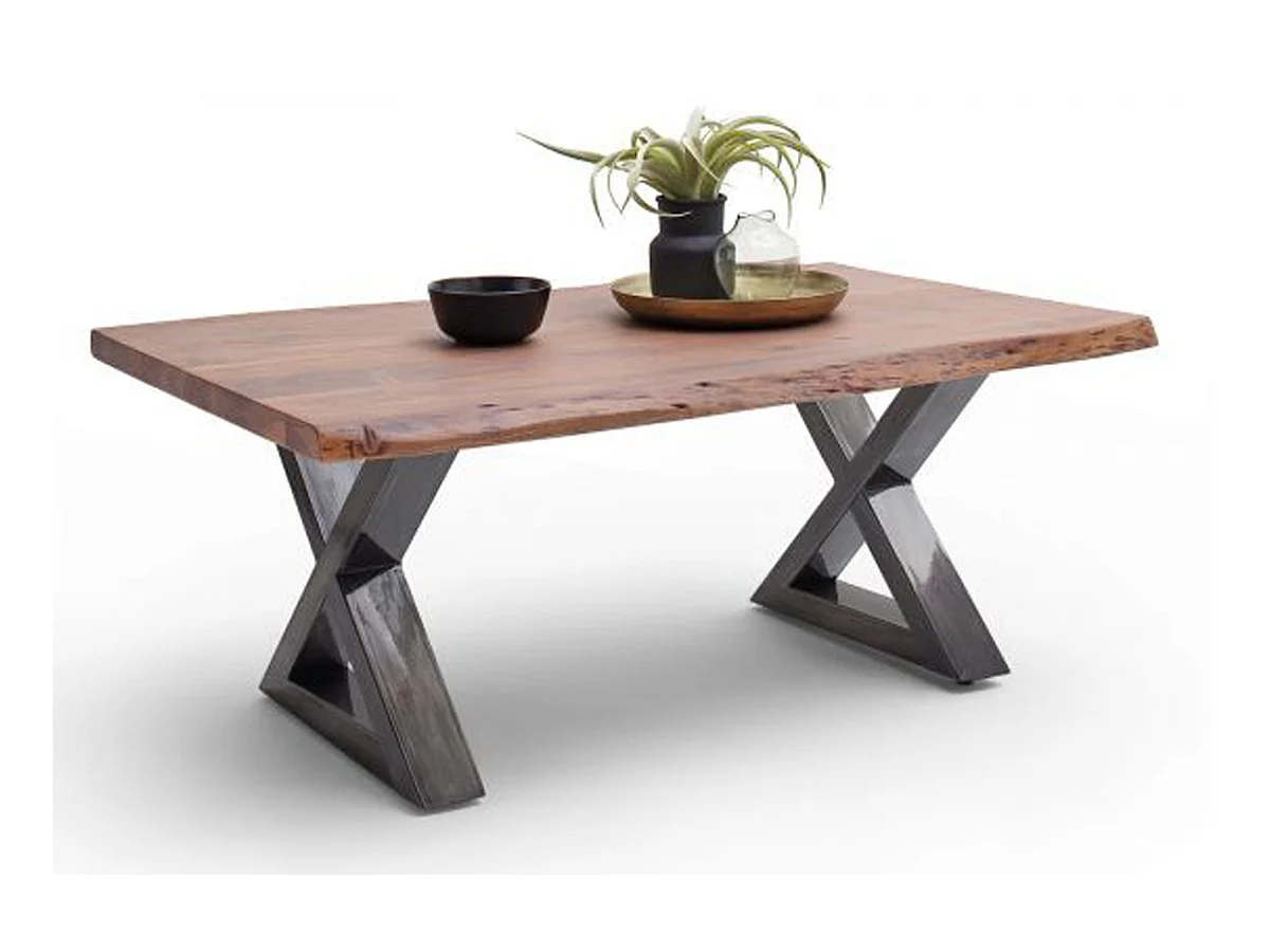 Table basse en bois d'acacia massif noyer / acier antique - L.110 x H.45 x P.70 cm