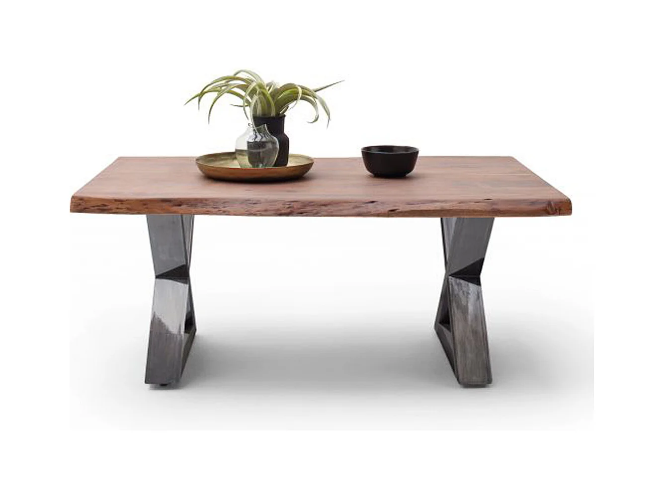 Table basse en bois d'acacia massif noyer / acier antique - L.110 x H.45 x P.70 cm