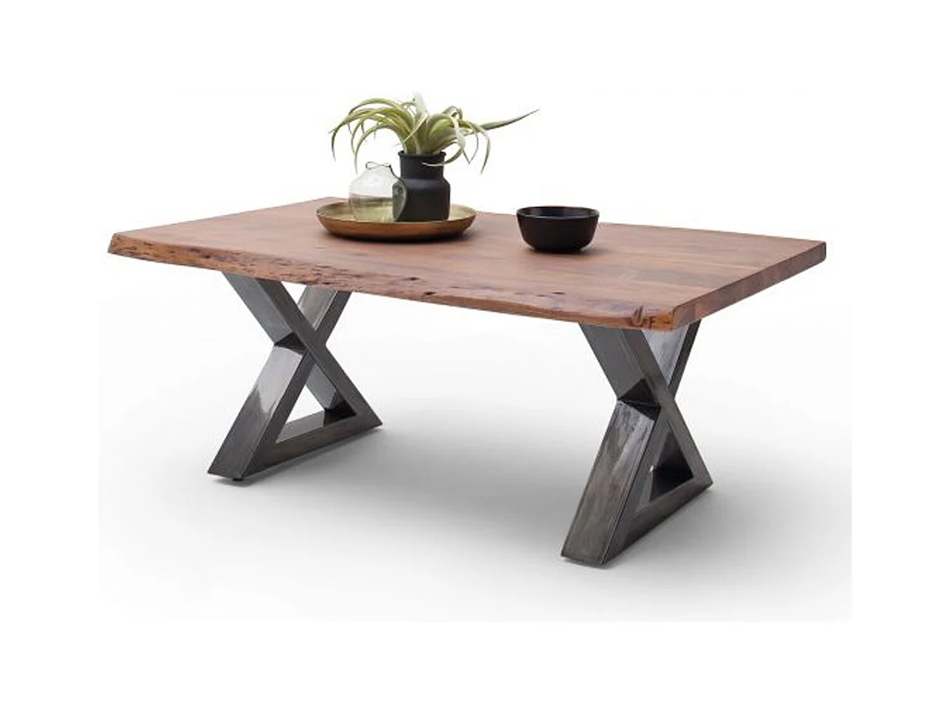 Table basse en bois d'acacia massif noyer / acier antique - L.110 x H.45 x P.70 cm