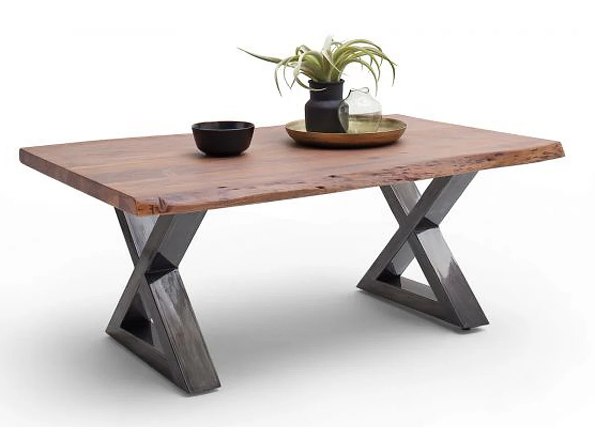 Table basse en bois d'acacia massif noyer / acier antique - L.110 x H.45 x P.70 cm