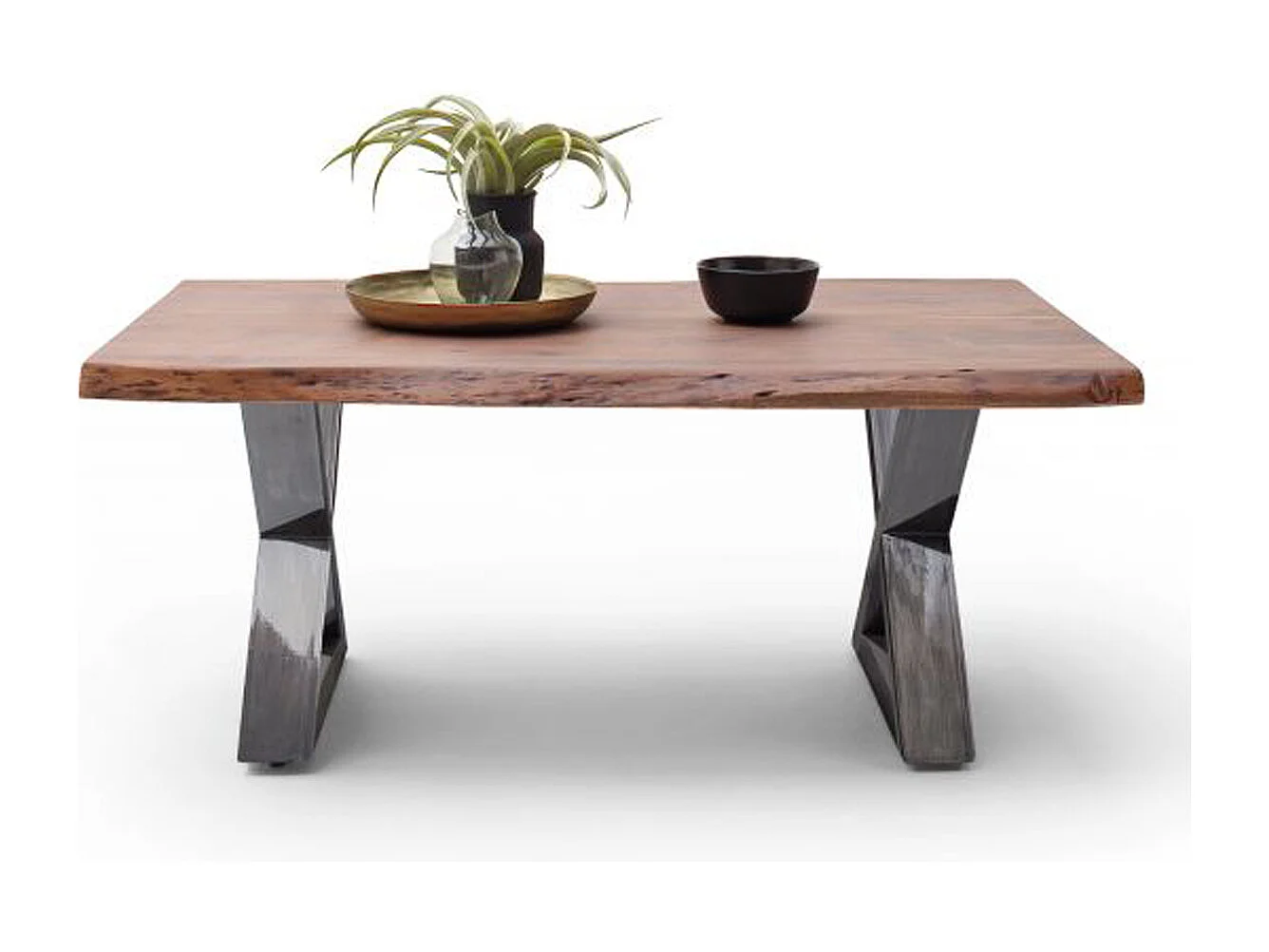 Table basse en bois d'acacia massif noyer / acier antique - L.110 x H.45 x P.70 cm