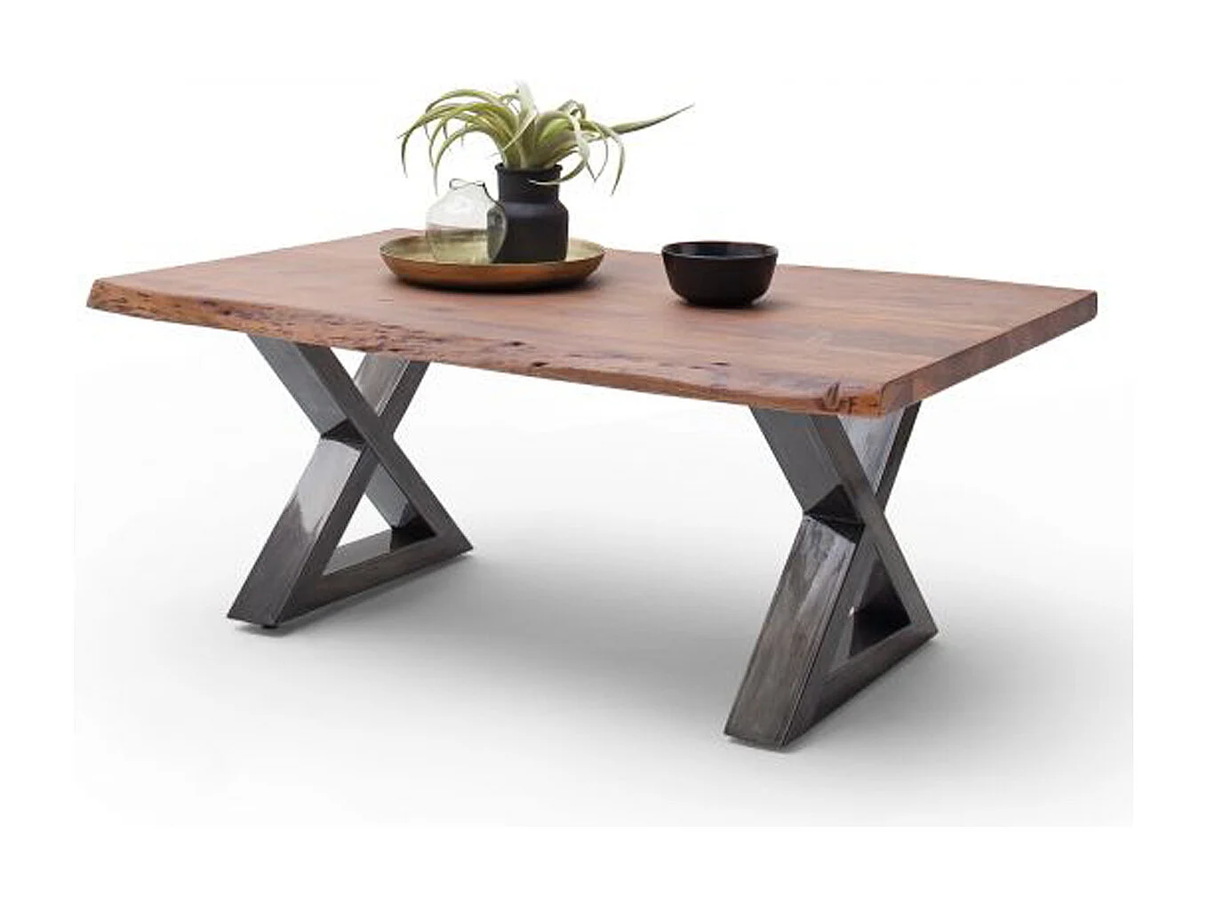 Table basse en bois d'acacia massif noyer / acier antique - L.110 x H.45 x P.70 cm