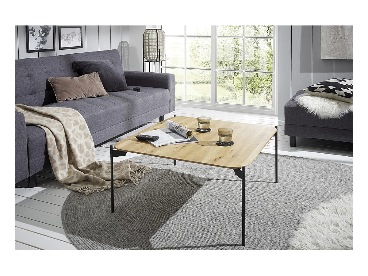 Table basse carrée en bois de chêne massif, pieds en métal - Longueur 80 x Hauteur 38 x Profondeur 80 cm