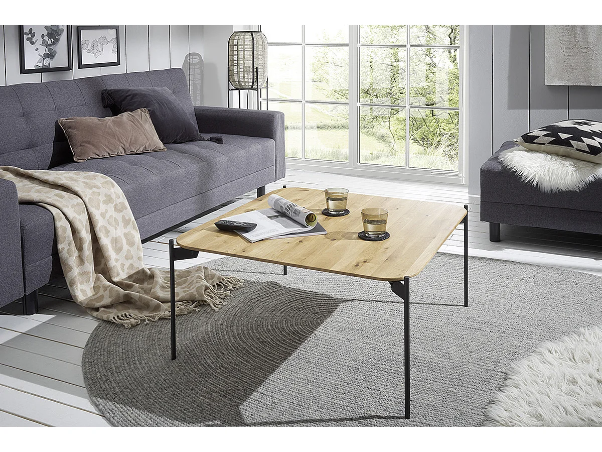 Table basse carrée en bois de chêne massif, pieds en métal - Longueur 80 x Hauteur 38 x Profondeur 80 cm