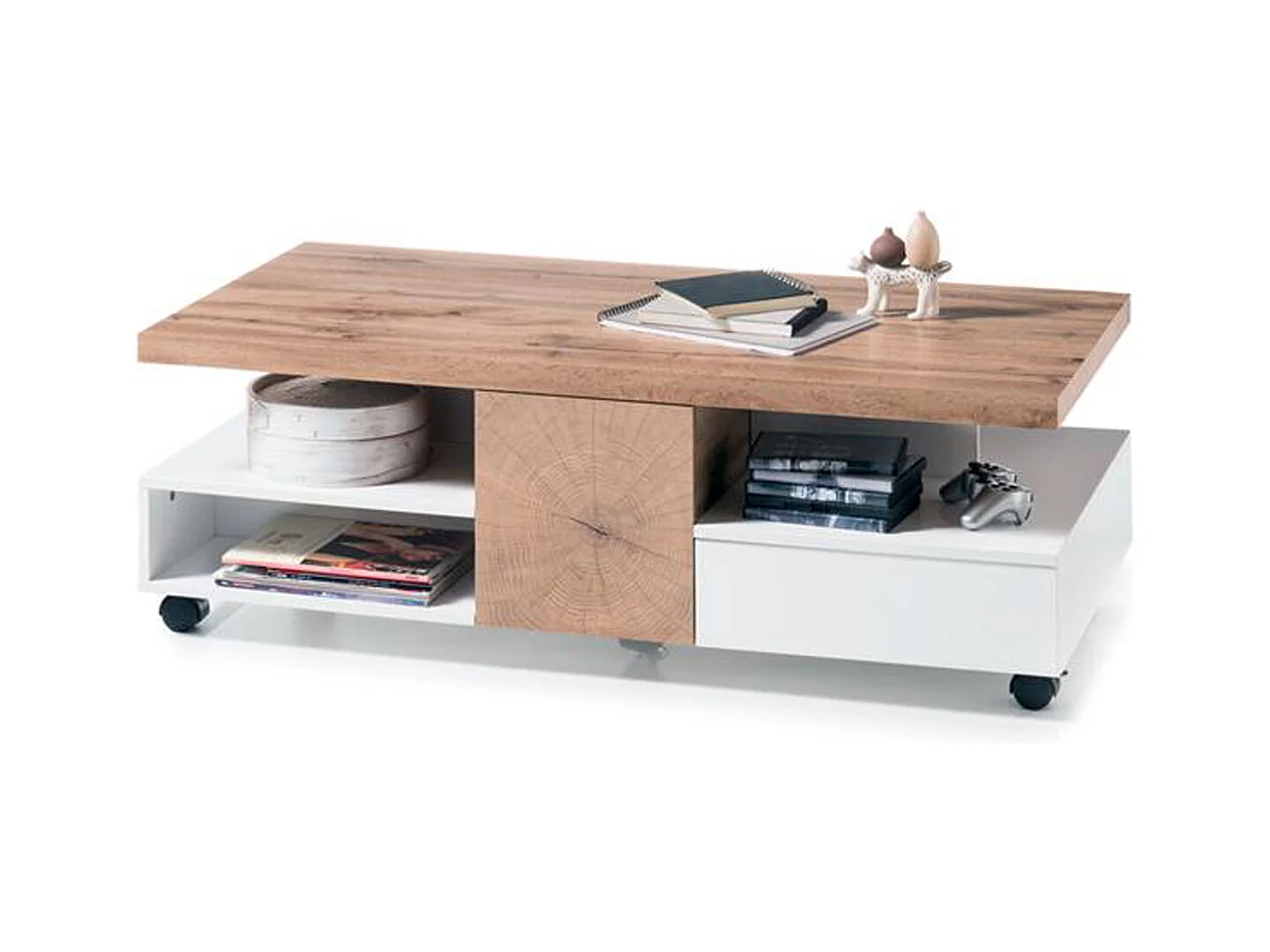 Table basse avec rangements en bois chêne laqué blanc mat - L.120 x H.40 x P.60 cm