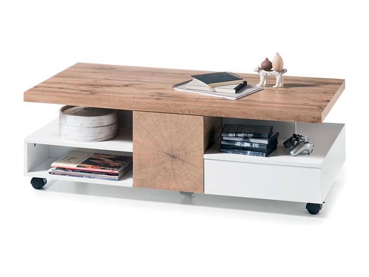 Table basse avec rangements en bois chêne laqué blanc mat - L.120 x H.40 x P.60 cm