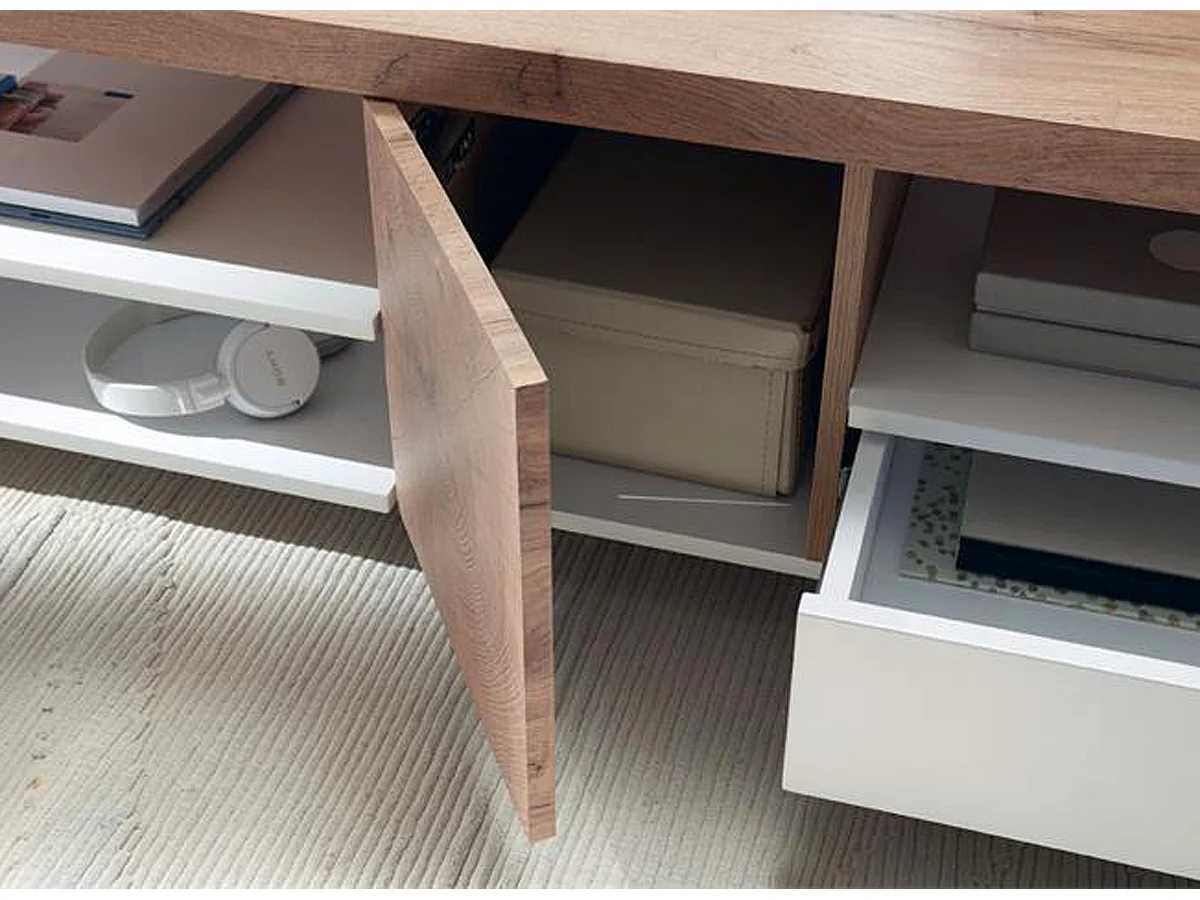 Table basse avec rangements en bois chêne laqué blanc mat - L.120 x H.40 x P.60 cm