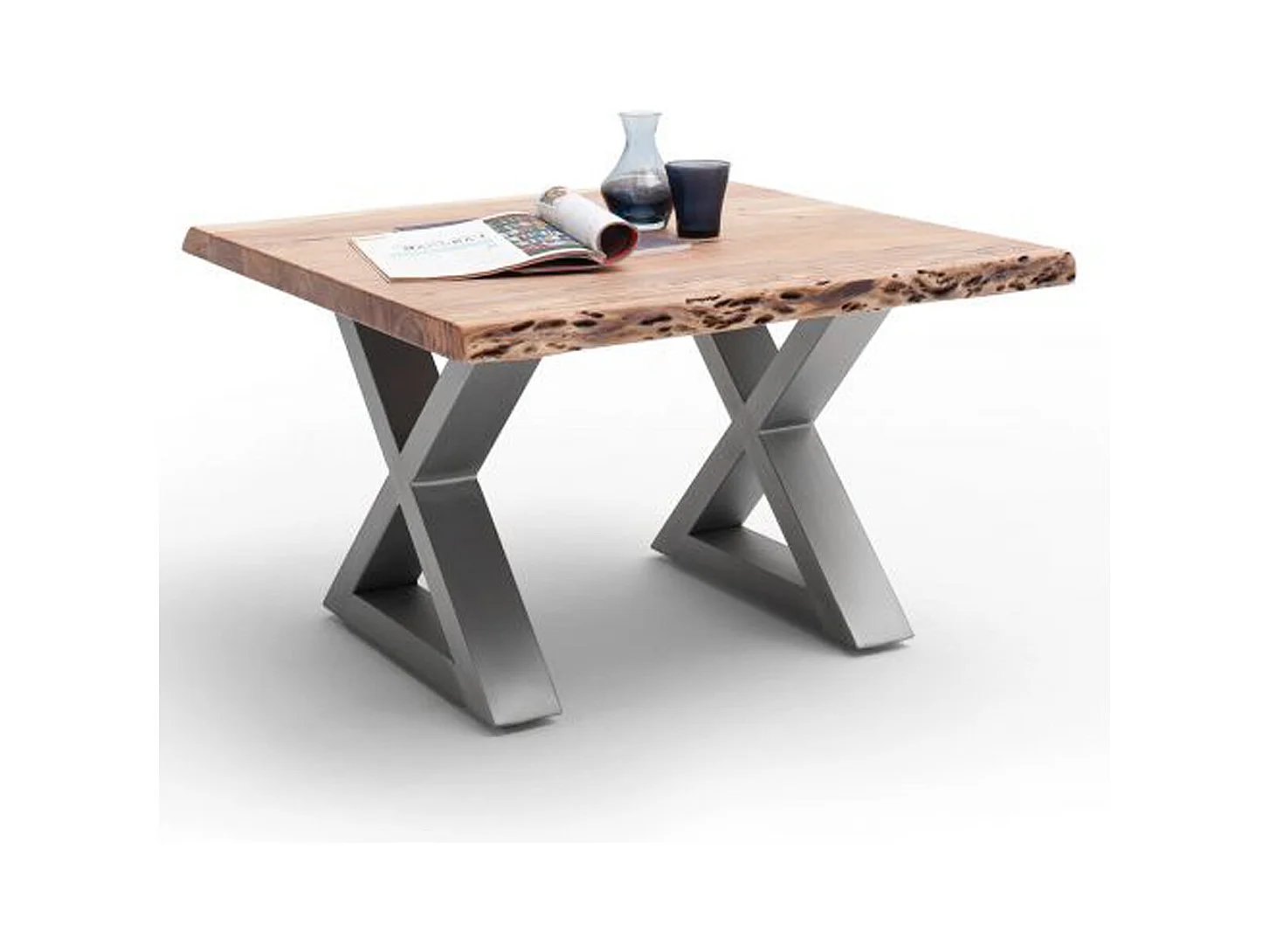 Table basse en bois d'acacia massif naturel / acier inoxydable - L.75 x H.45 x P.75 cm