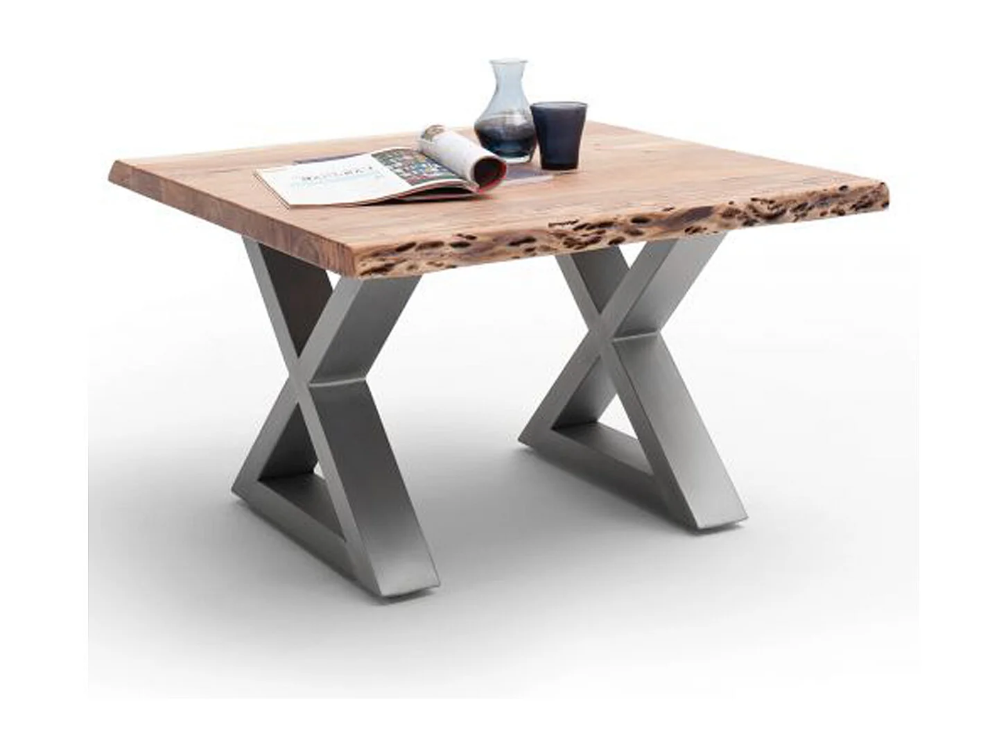 Table basse en bois d'acacia massif naturel / acier inoxydable - L.75 x H.45 x P.75 cm